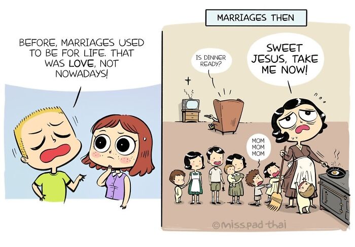 Comic illustrating the single, childfree lifestyle of women in their 30s, contrasting marriage and family life humorously.