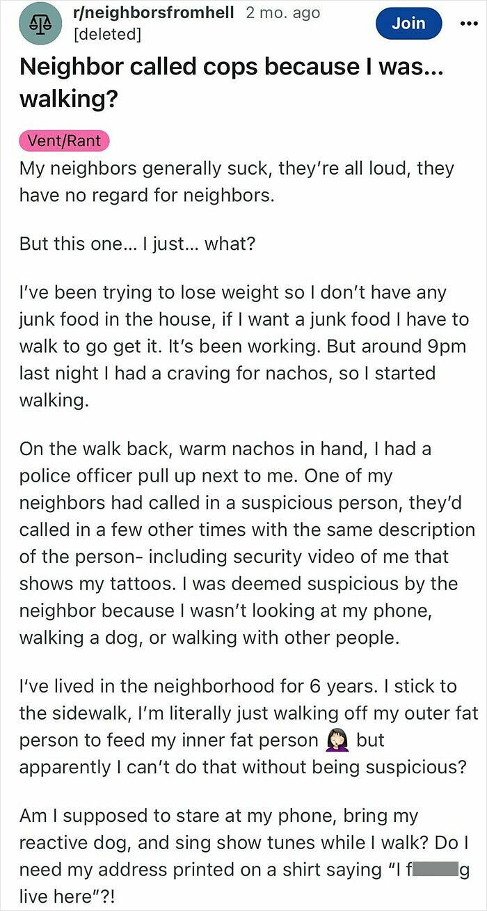 Text from a forum post about infuriating terrible neighbors calling cops on a walker.
