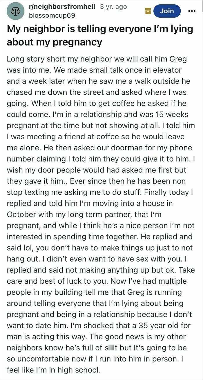 Screenshot of a story about infuriating terrible neighbor spreading lies about pregnancy.