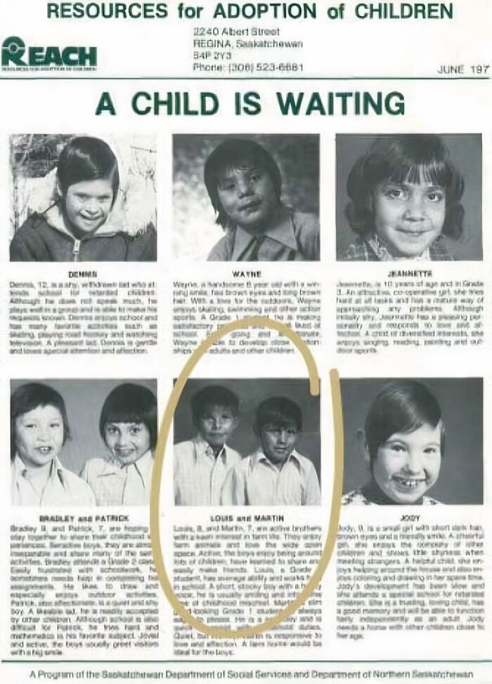 Children's adoption poster with highlighted section, related to photographs with terrifying backstories.