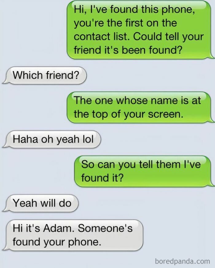 Text conversation showcasing a funny misunderstanding about a found phone.