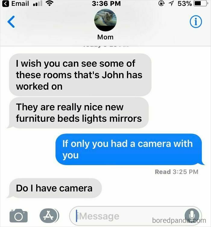 Text exchange about room designs leads to a hilarious misunderstanding about having a camera.