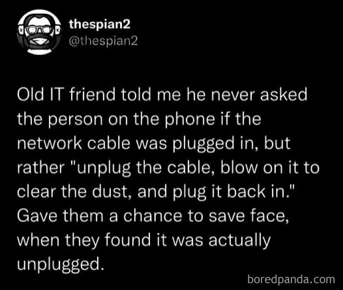 Image of a humorous IT tweet about fixing a network cable issue, aligning with peak internet humor trends.