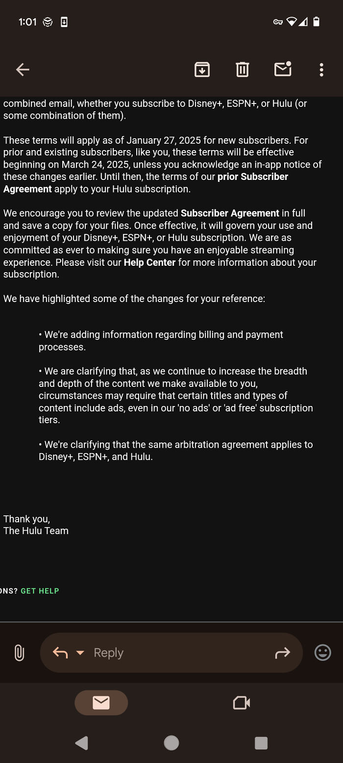 Hulu subscription email discussing updates to consumer agreements and billing processes.