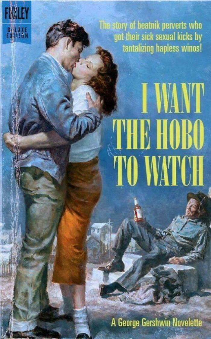 Terrible book cover featuring a couple kissing and a hobo watching with a bottle in hand.