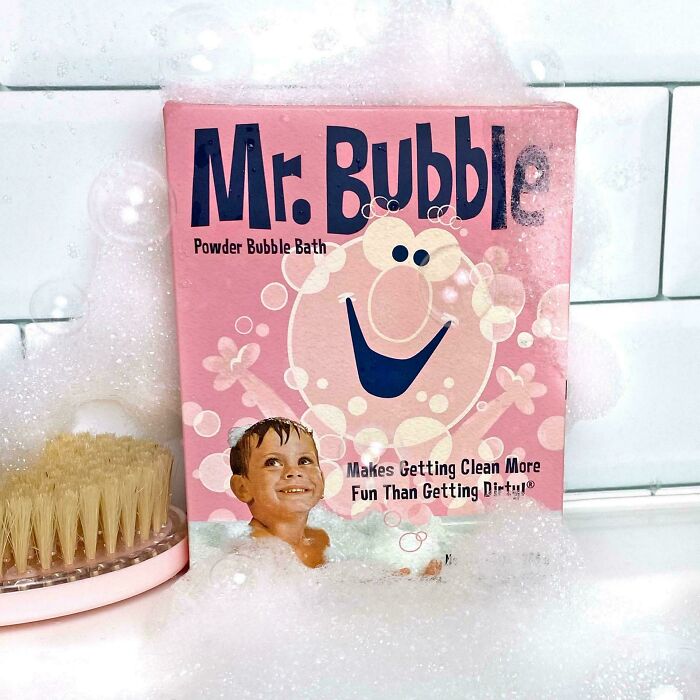 Mr. Bubble vintage bath product with bubbles, evoking nostalgic feelings of childhood.