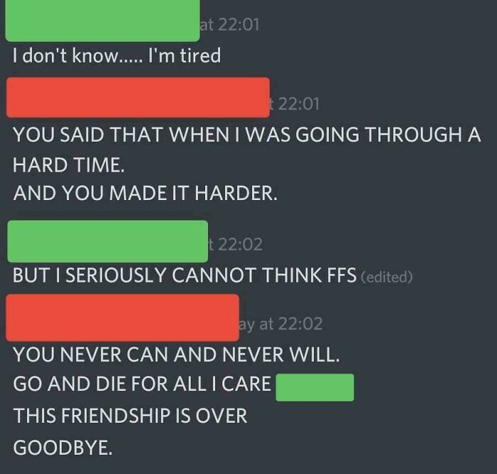 Chat conversation showing a heated argument, highlighting emotional tension and a friendship ending.
