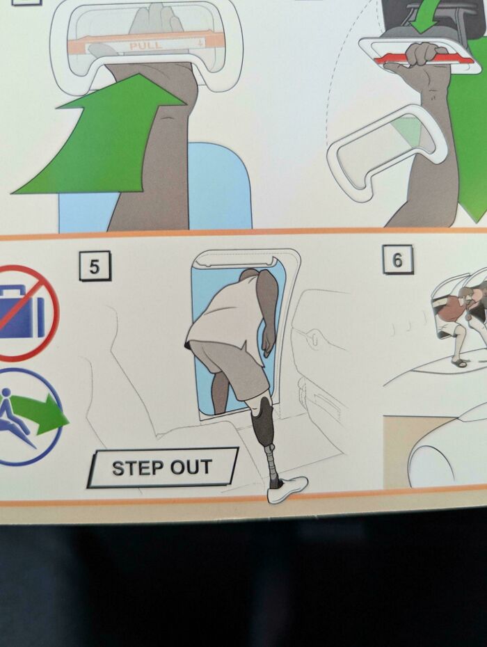 Illustration of a person with a prosthetic leg stepping out during an emergency exit procedure, moderately interesting share.