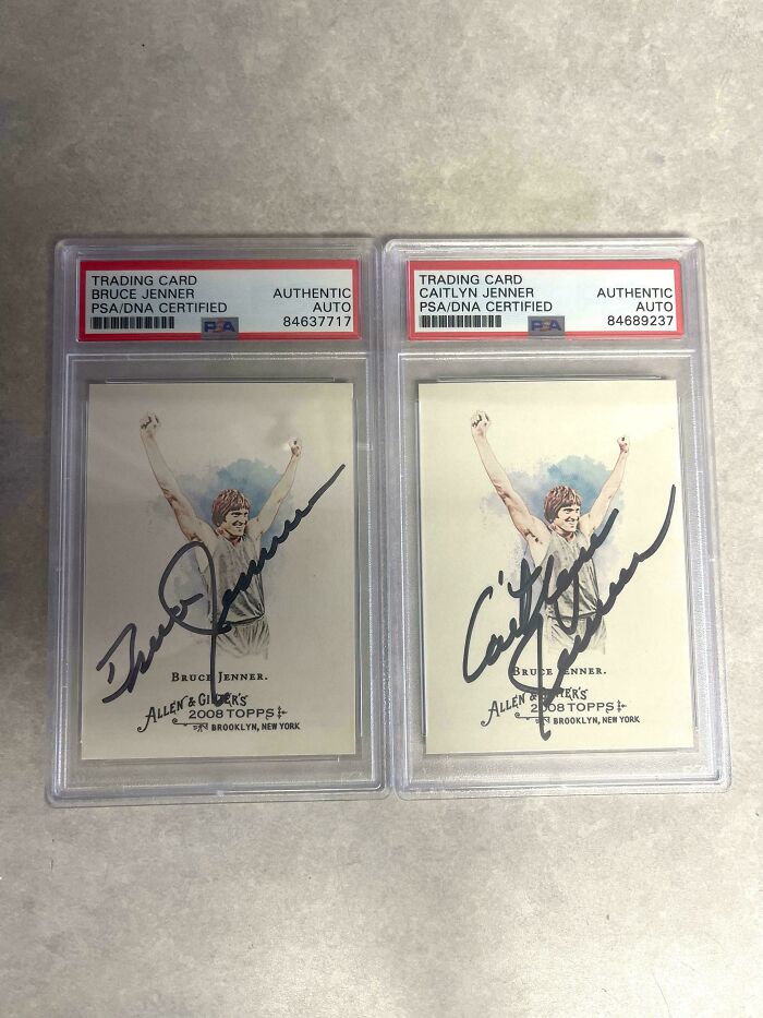 Two moderately interesting autographed Bruce and Caitlyn Jenner trading cards, PSA/DNA certified in protective cases.