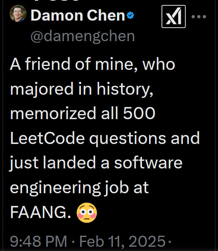 Meme for programmers about a history major mastering LeetCode and getting a FAANG job.
