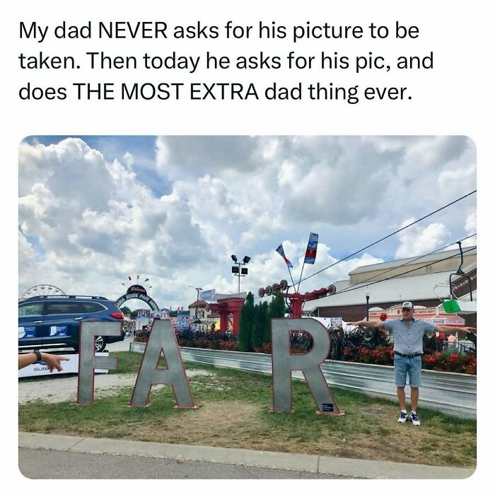 Man standing humorously between large letters that spell "FAR," showcasing dad humor.