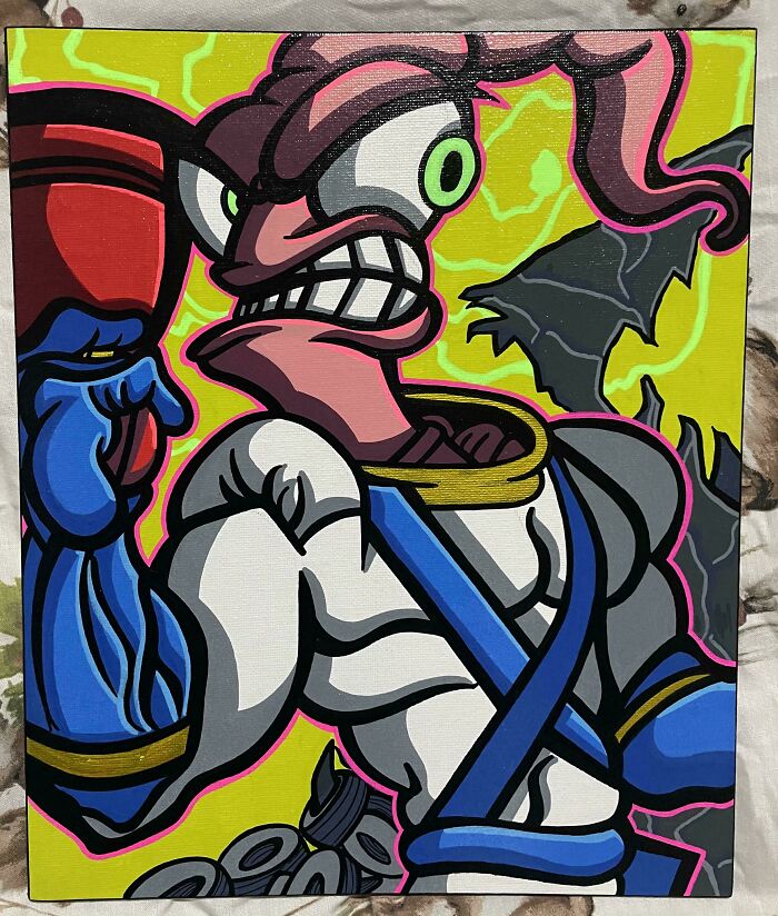 Cartoon character art from the '90s, featuring a muscular hero with exaggerated features and bright colors.