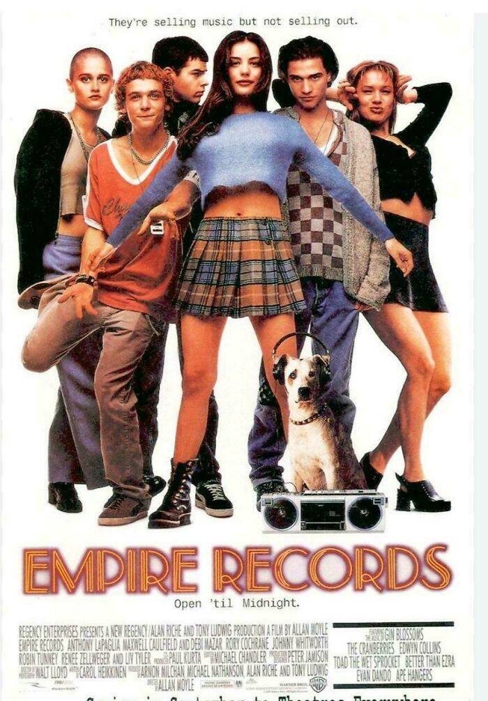 '90s movie poster featuring a diverse group of young adults standing confidently with a dog and boombox.