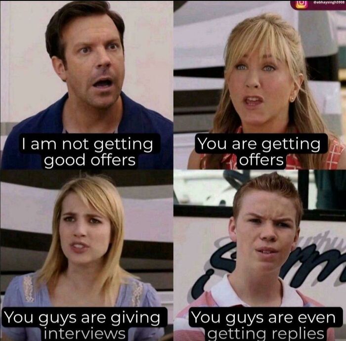 Meme featuring four people expressing frustration about recruiting hell experiences.