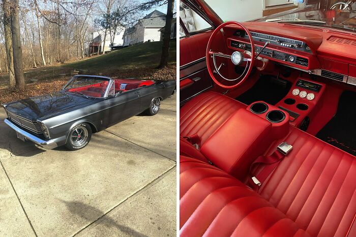 Vintage car with a sleek gray exterior on the left; vibrant red leather interior details on the right.