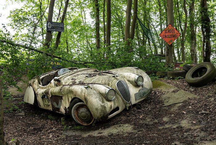 An abandoned fascinating vintage car in a forest setting with signs and old tires around.