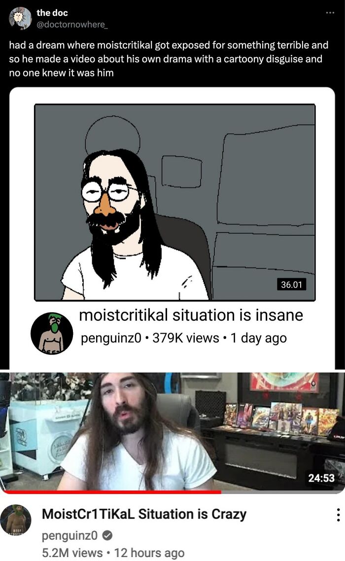 Cartoon disguise and real MoistCr1TiKaL in video thumbnail revealing true identity.