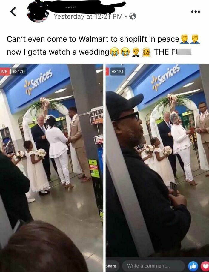 Impromptu wedding in a store aisle, showcasing budget-wedding-fails with onlookers capturing the event on their phones.