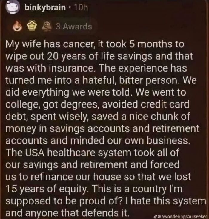 Text describing personal financial struggles due to capitalism in America's healthcare system.