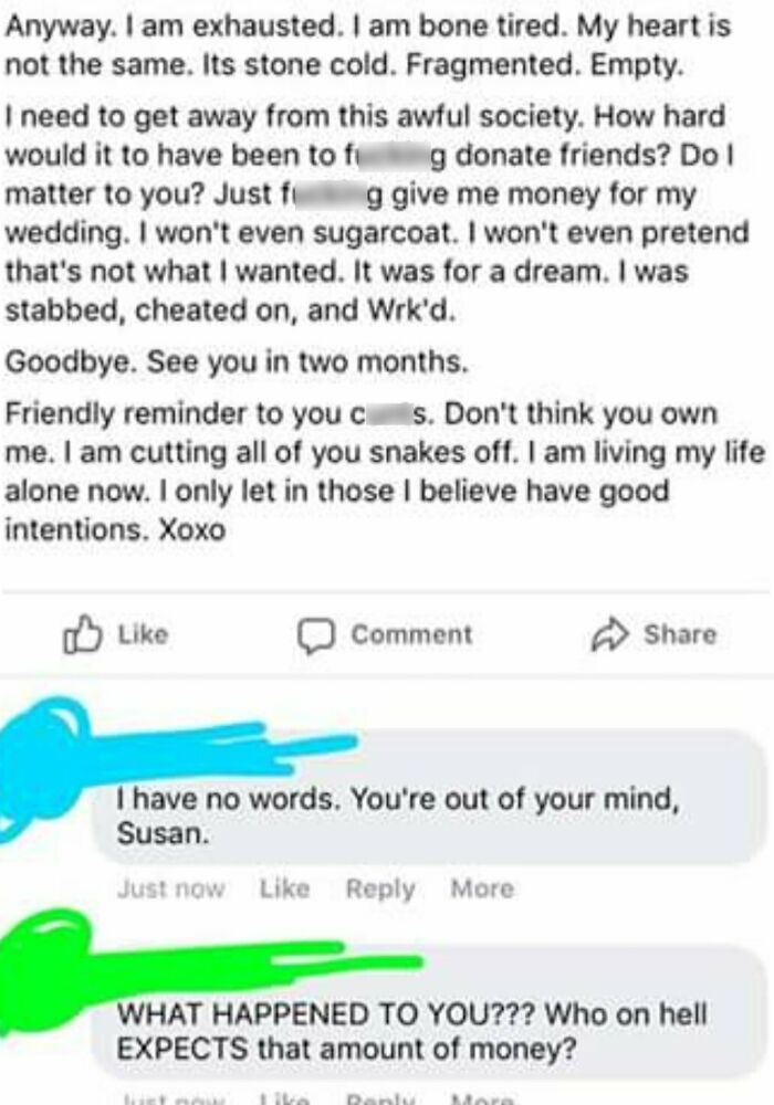 Friend's angry Facebook post about failed budget wedding, seeking money, with shocked replies.