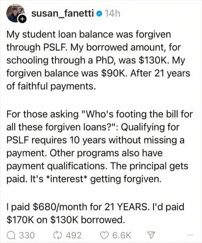 Social media post discussing student loan forgiveness, highlighting issues of capitalism in America with financial details.