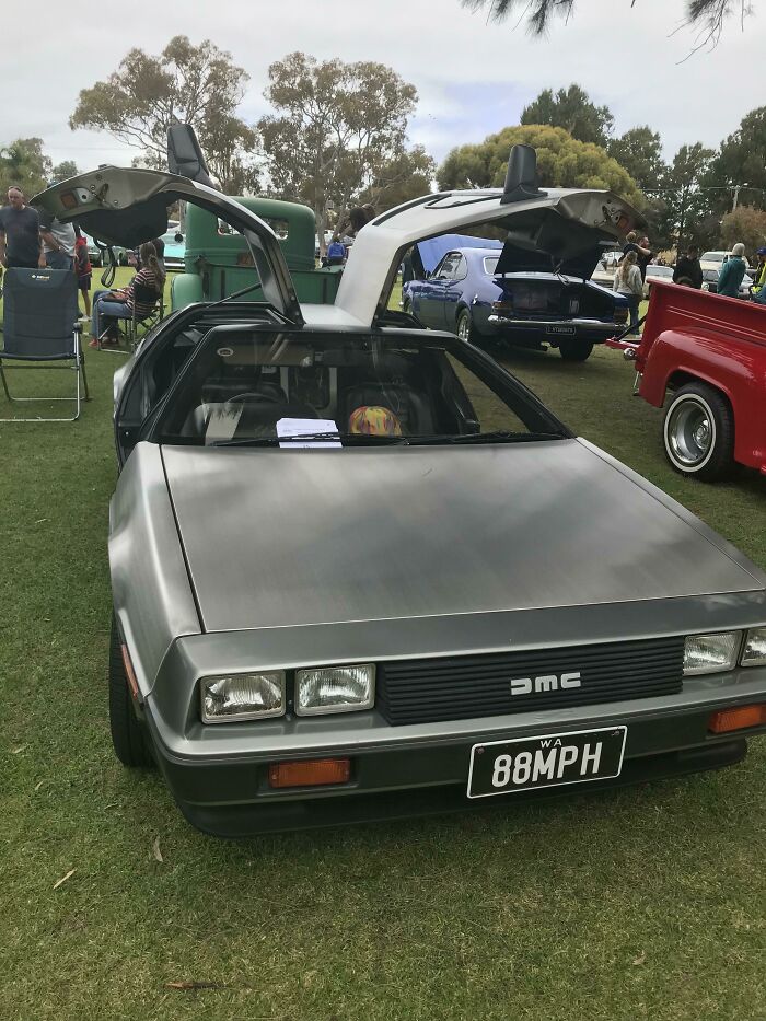 Vintage car with iconic gull-wing doors open at a classic car show, surrounded by enthusiasts on a grassy field.
