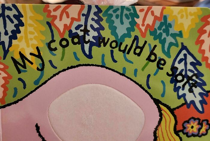 Poorly designed book page with colorful background and the text "My coat would be soft."