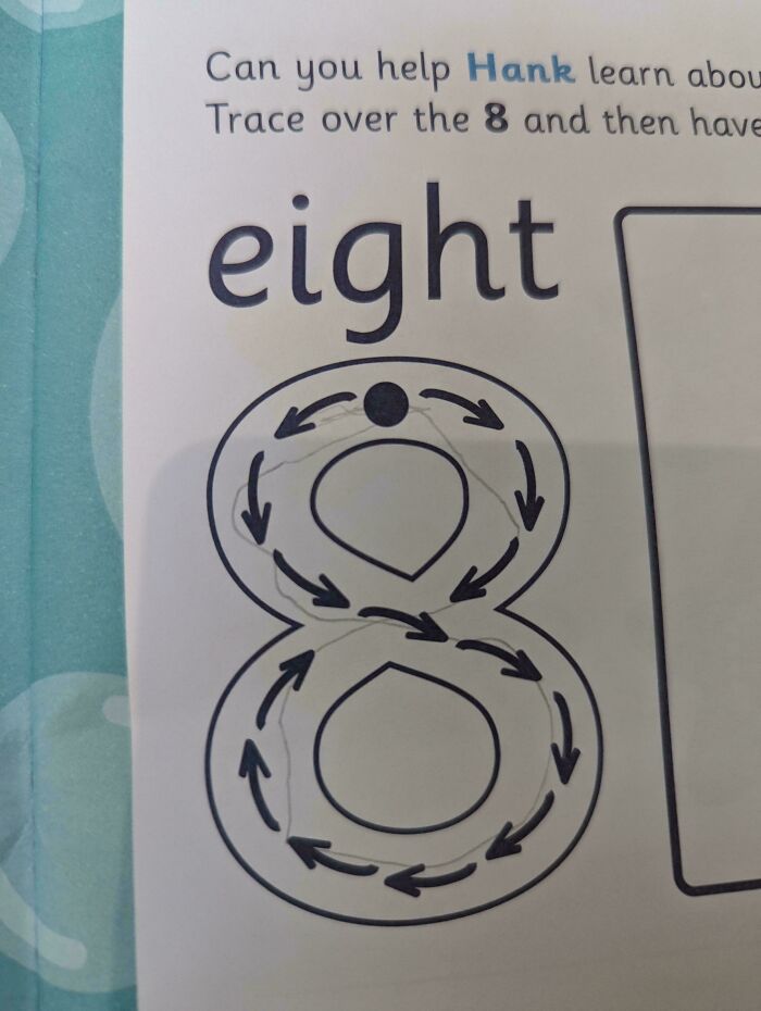 Poorly written designed book page showing tracing instructions for the number eight.