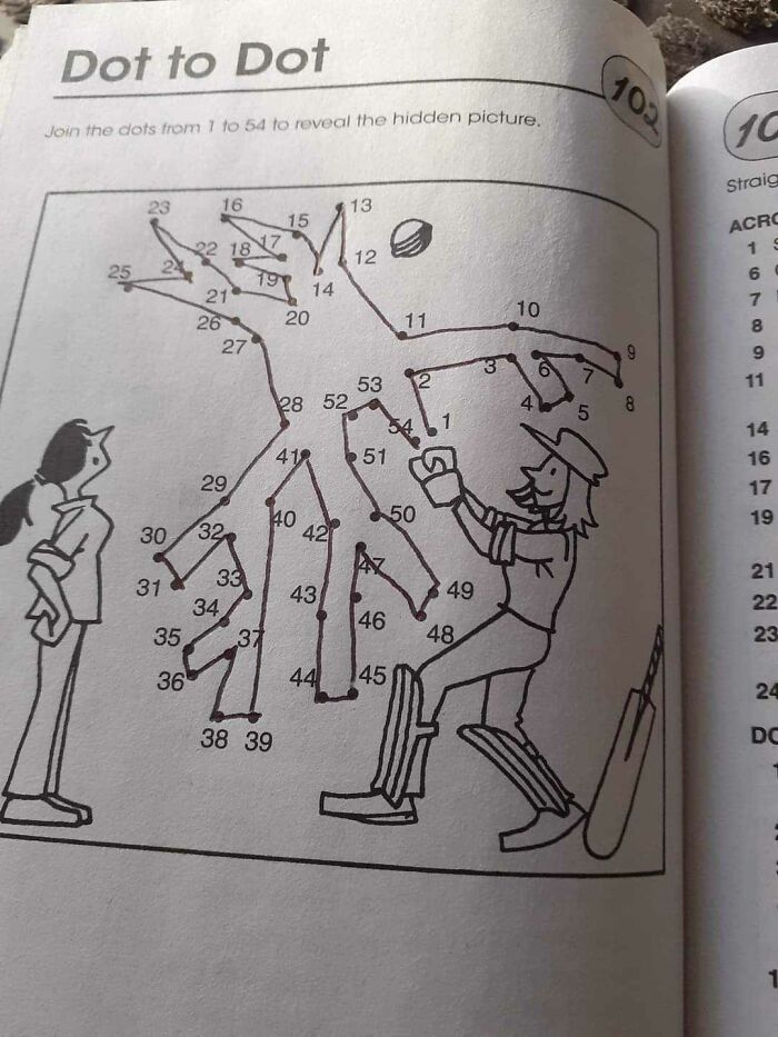 Dot-to-dot puzzle showing cricket players in a poorly-designed book, with numbers forming an unclear image.
