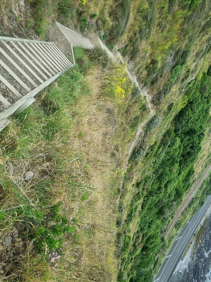 Steep outdoor stairs descending a hillside, surrounded by greenery, emphasize the daring nature of "death stairs."