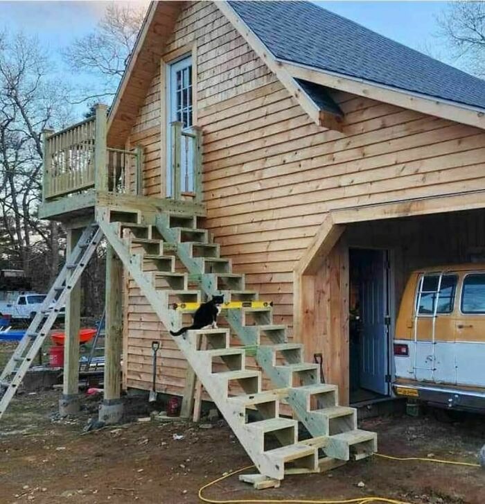 "Wooden outdoor staircase with a cat perched on the steps, leading to a small house entrance."
