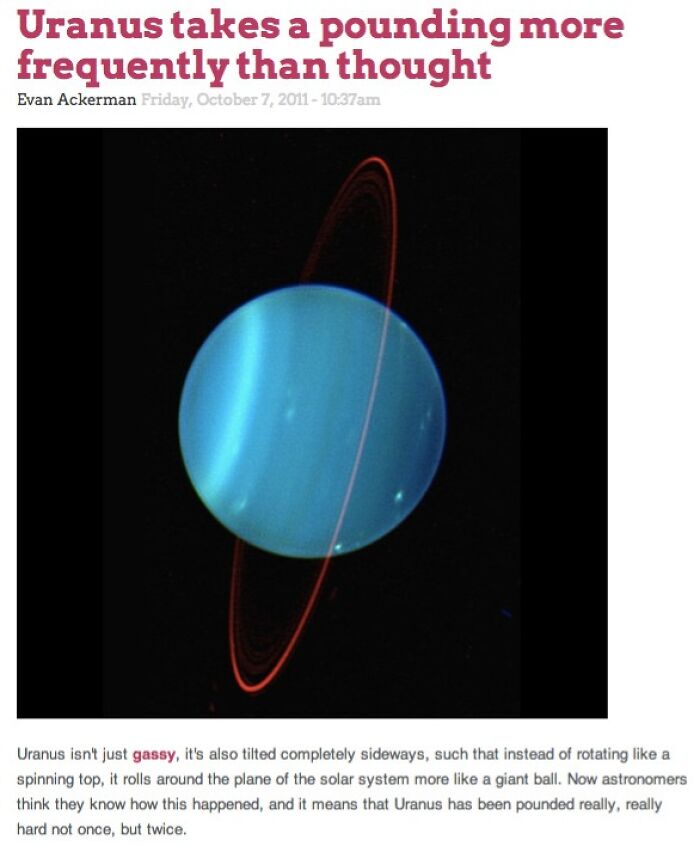 Close-up image of the planet Uranus with rings, related to hilarious news headlines.