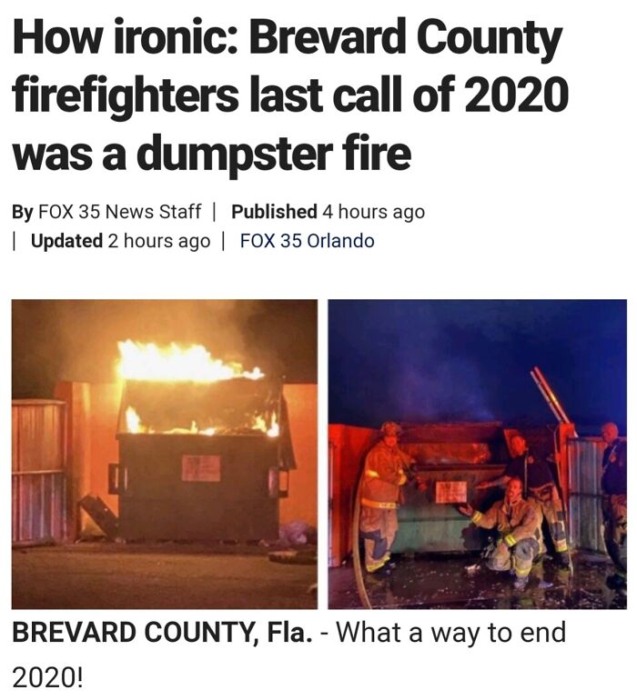 Firefighters extinguishing a blazing dumpster fire at night, illustrating a hilarious news headline situation.