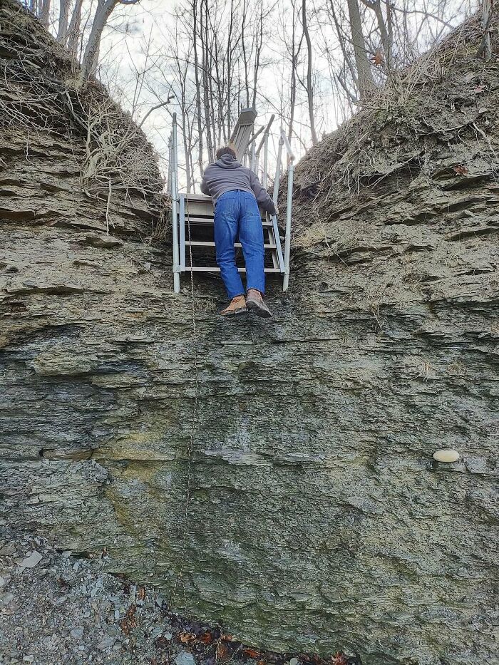 Person climbing steep outdoor stairs on rocky cliff, surrounded by bare trees, illustrating "death stairs."