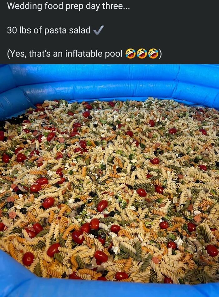 Inflatable pool filled with pasta salad, a humorous budget-wedding fail.