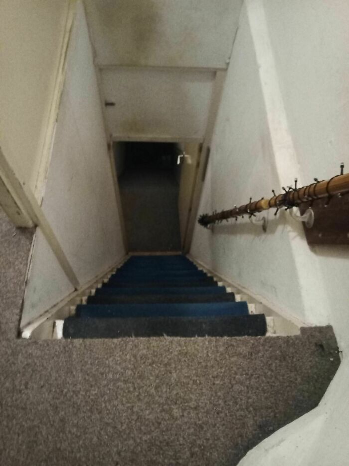Steep and narrow stairs with blue carpet, often referred to as "death stairs," leading to a dimly lit hallway.