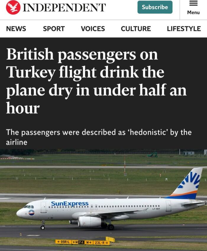 Hilarious news headline about British passengers emptying plane's alcohol supply on a SunExpress flight to Turkey.
