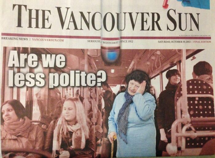 Hilarious news headline on a bus, questioning politeness with passengers seated and an elderly woman standing.