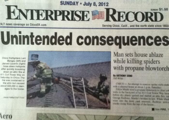 Firefighters on a roof responding to a house blaze; part of hilarious news headlines about unintended consequences.