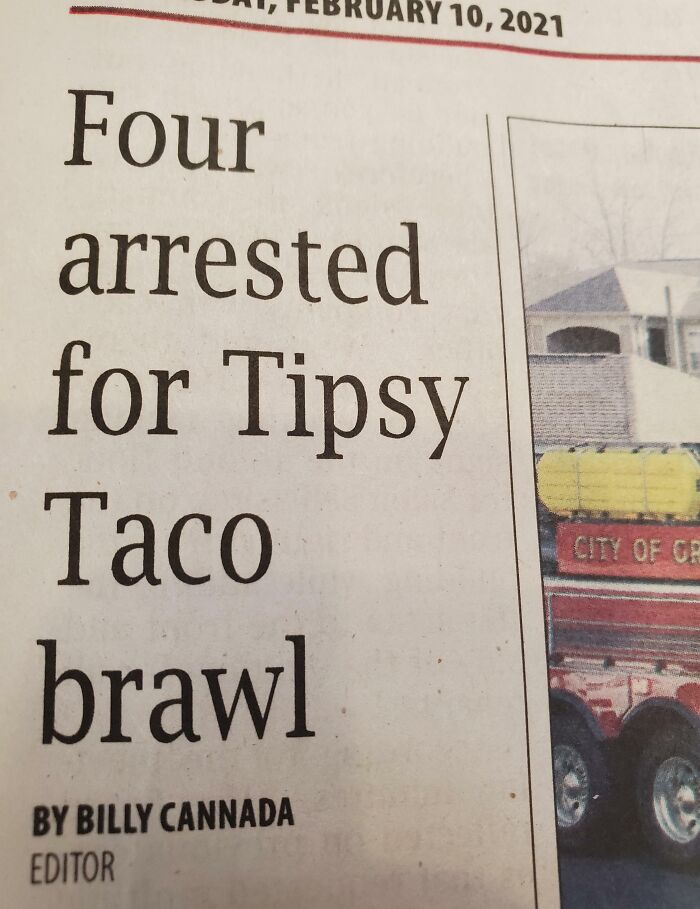 Newspaper headline about arrests at a taco joint; an example of hilarious news headlines.