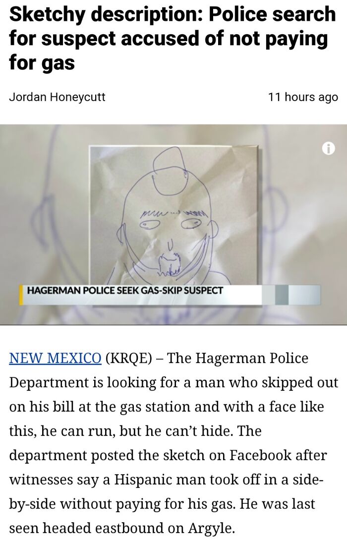 Police seek suspect with amusing sketch; example of hilarious news headlines.