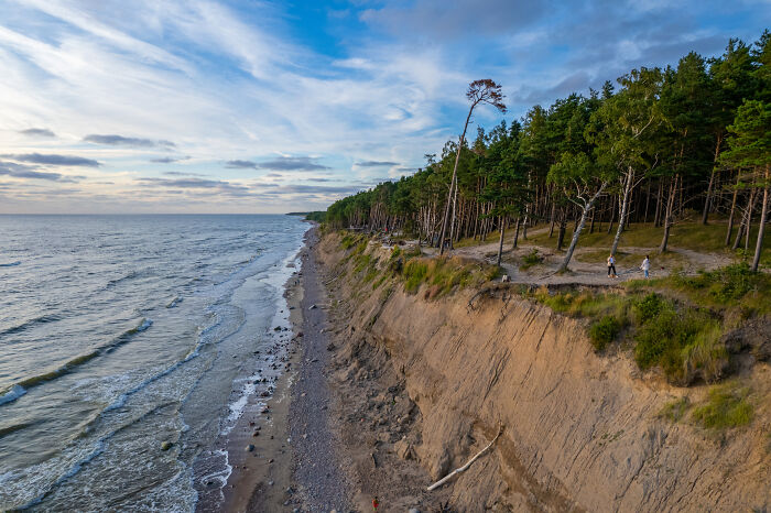 Bird’s-eye view of a scenic Lithuanian coastline with cliffs, beach, and lush green forest along the shore.