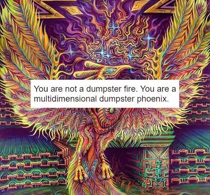 Psychedelic phoenix art with text overlay: "You are a multidimensional dumpster phoenix."