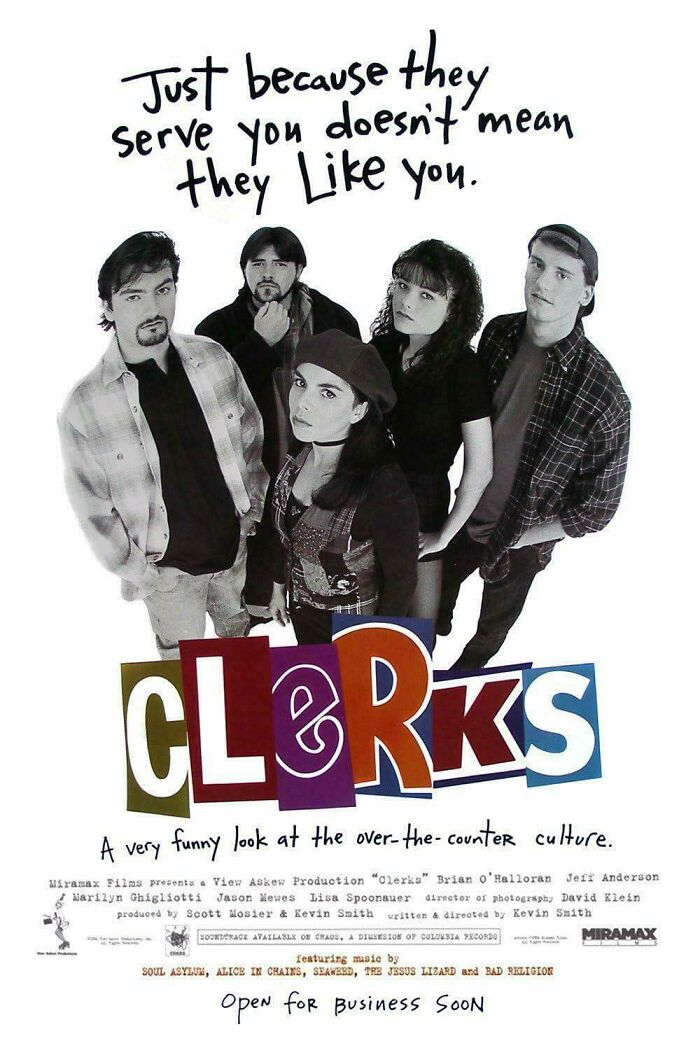 '90s movie poster for "Clerks" featuring five people and bold text about service and likeability.