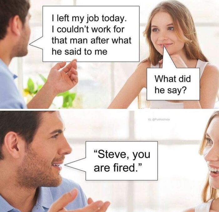 Man and woman in a humorous dialogue about quitting a job, showcasing dad humor.