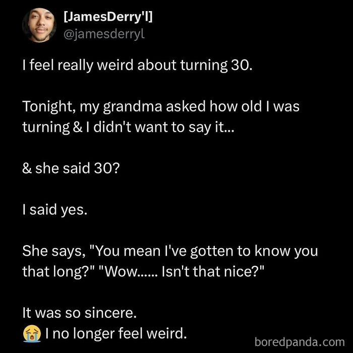 Millennial humor meme about turning 30, featuring a heartfelt conversation with a grandma, evoking laughter and warmth.