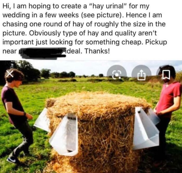 Two people standing beside a large hay bale with urinals attached, illustrating budget-wedding-fails.