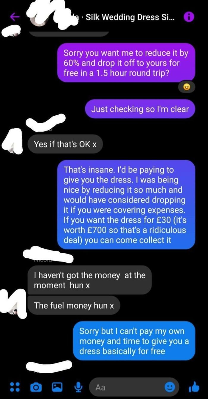 Text exchange showing a budget wedding disagreement over the cost and delivery of a dress.