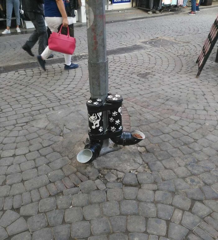 Creative street art with painted pipes shaped like boots on a cobblestone path, showcasing a Cities-Genius-Solutions innovation.