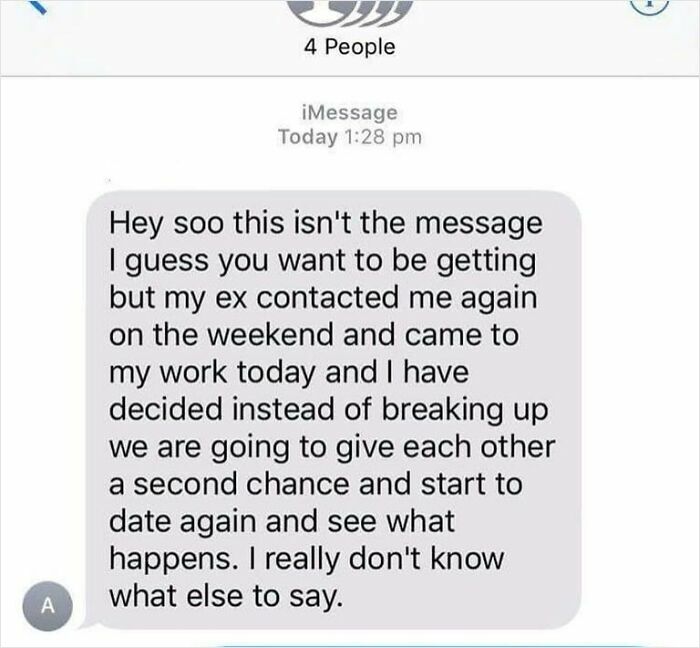 Awkward texting conversation about a relationship decision shared in a group message.